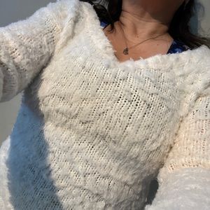 THEORY Shaggy Knit Cloud Plush SILK Fluffy Ivory Sweater Sexy Wide Neck Sherpa S